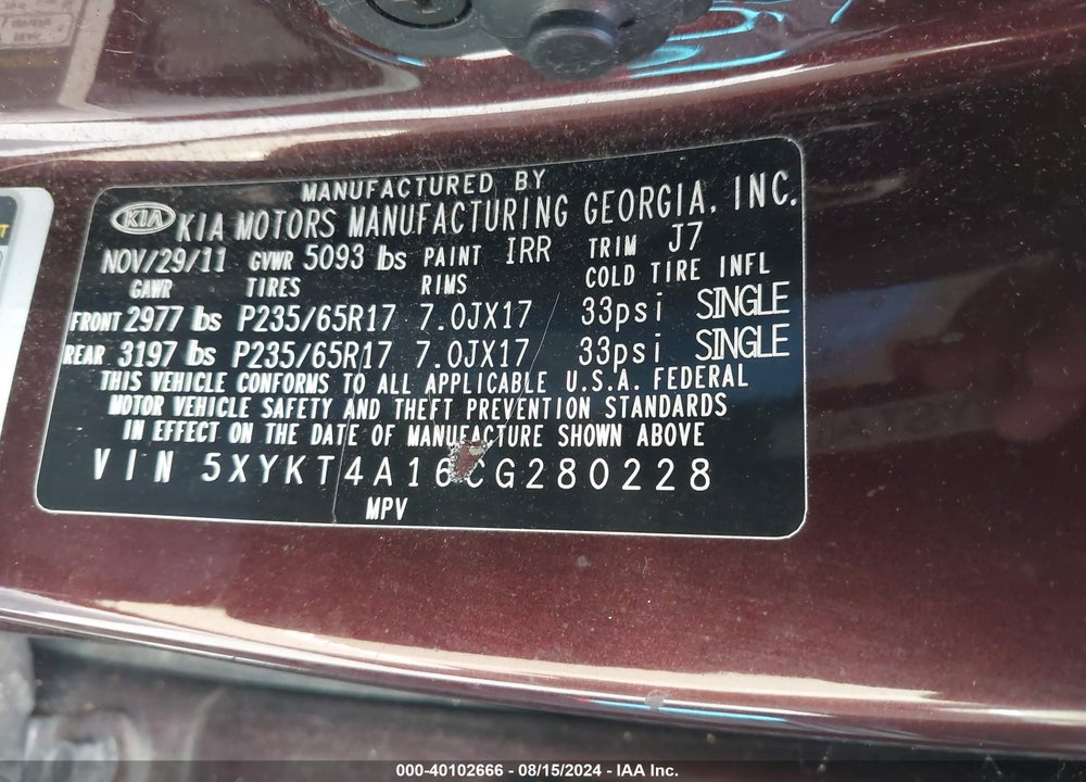 2012 KIA SORENTO LX VIN: 5XYKT4A16CG280228
