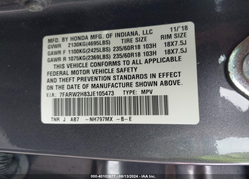 2018 HONDA CR-V EX-L/EX-L NAVI VIN: 7FARW2H83JE105473