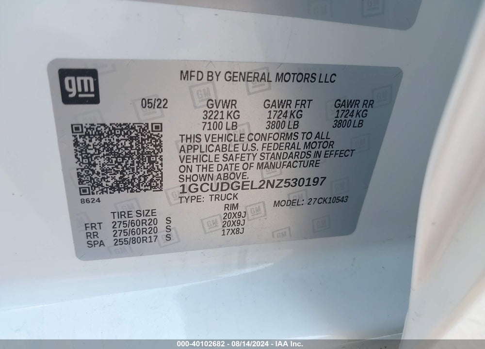 2022 CHEVROLET SILVERADO 1500 4WD SHORT BED LTZ VIN: 1GCUDGEL2NZ530197