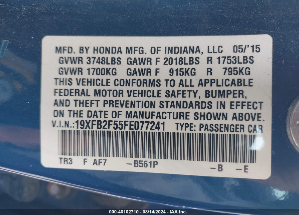 2015 HONDA CIVIC LX VIN: 19XFB2F55FE077241