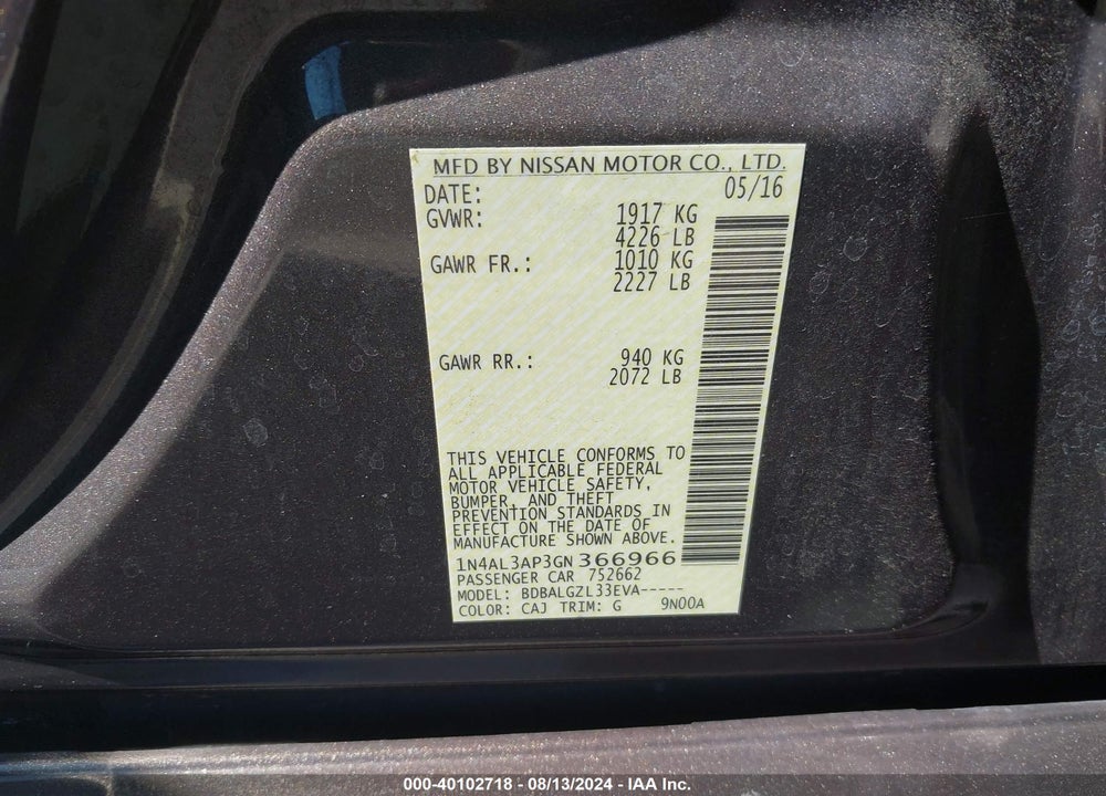 2016 NISSAN ALTIMA 2.5 S VIN: 1N4AL3AP3GN366966