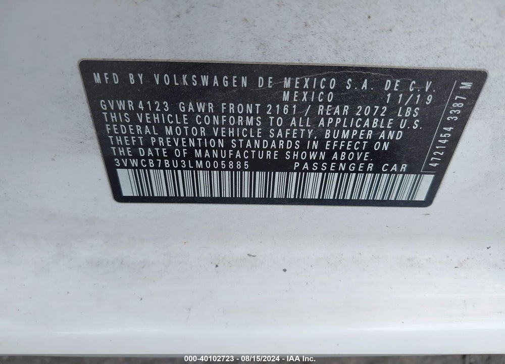 2020 VOLKSWAGEN JETTA 1.4T R-LINE/1.4T S/1.4T SE VIN: 3VWCB7BU3LM005885