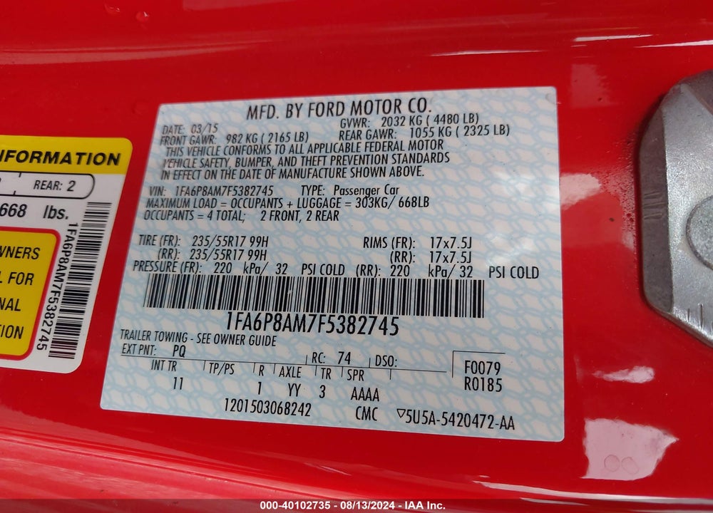 2015 FORD MUSTANG V6 VIN: 1FA6P8AM7F5382745