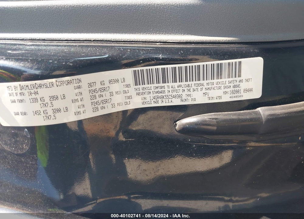 2005 JEEP GRAND CHEROKEE LAREDO VIN: 1J4GR48K55C540302