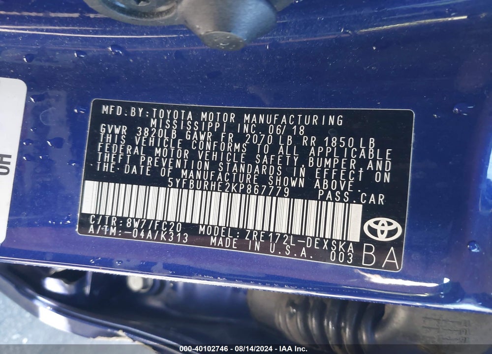 2019 TOYOTA COROLLA SE VIN: 5YFBURHE2KP867779