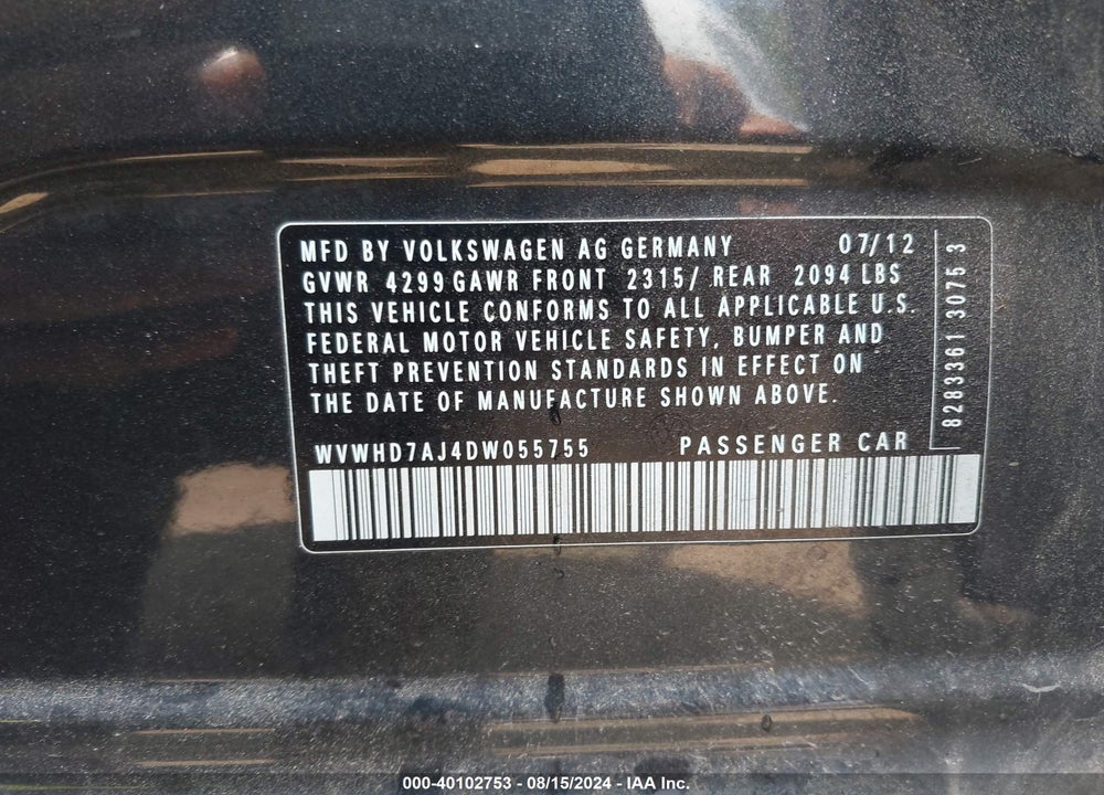 2013 VOLKSWAGEN GTI 4-DOOR VIN: WVWHD7AJ4DW055755