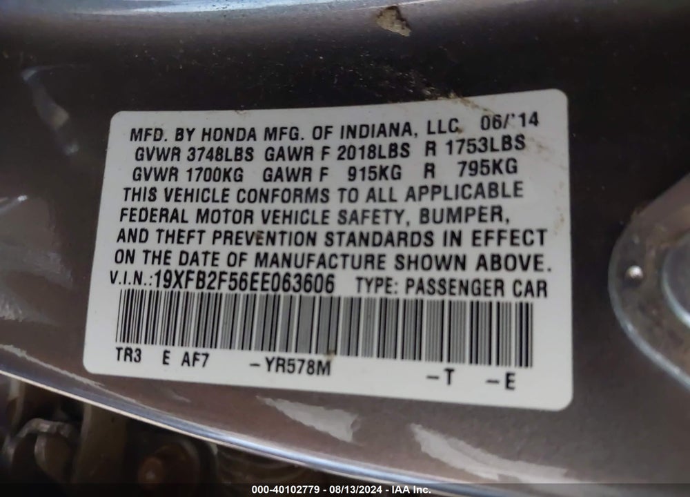 2014 HONDA CIVIC LX VIN: 19XFB2F56EE063606