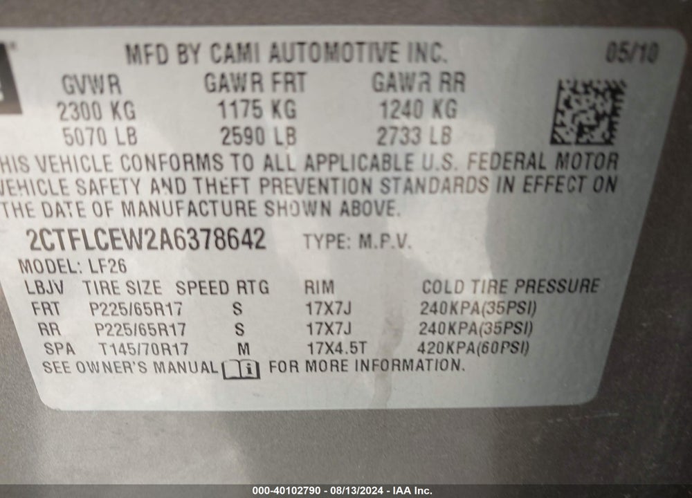 2010 GMC TERRAIN SLE-1 VIN: 2CTFLCEW2A6378642