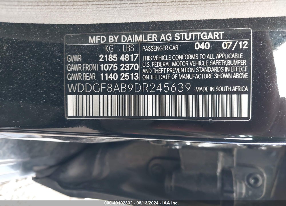2013 MERCEDES-BENZ C 300 VIN: WDDGF8AB9DR245639