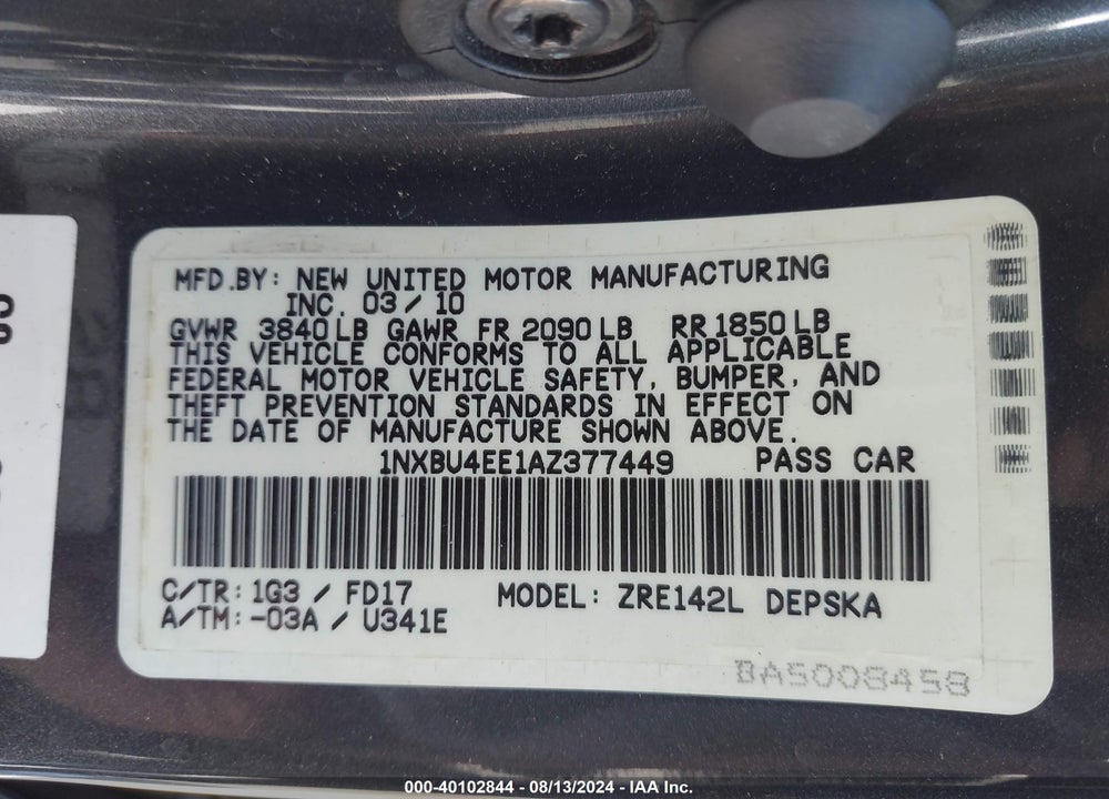 2010 TOYOTA COROLLA VIN: 1NXBU4EE1AZ377449