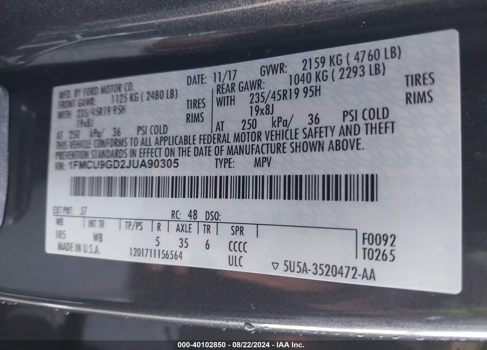 2018 FORD ESCAPE SE VIN: 1FMCU9GD2JUA90305