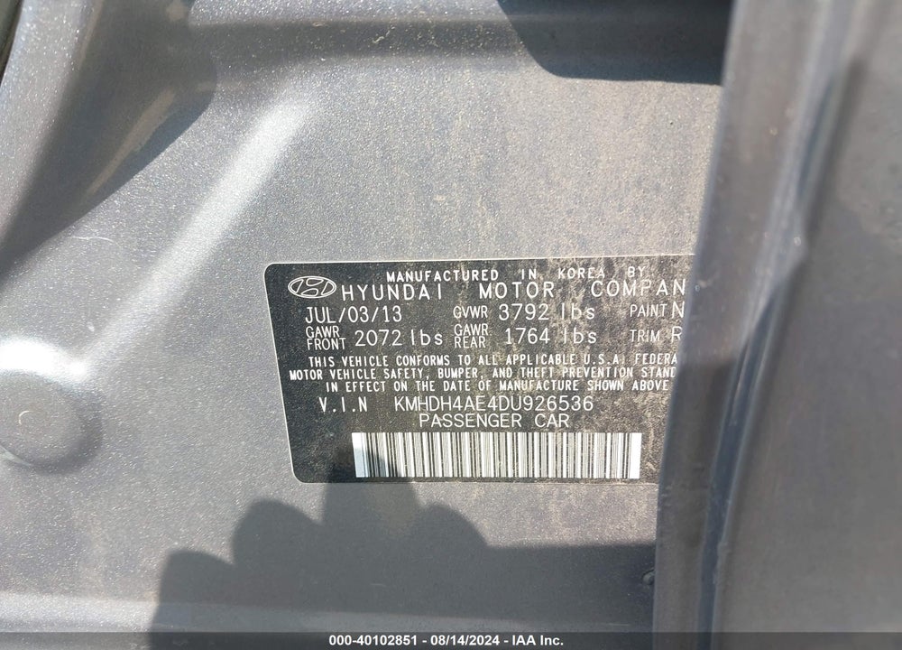 2013 HYUNDAI ELANTRA GLS VIN: KMHDH4AE4DU926536