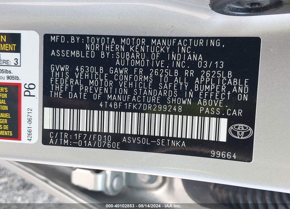 2013 TOYOTA CAMRY LE VIN: 4T4BF1FK7DR299248