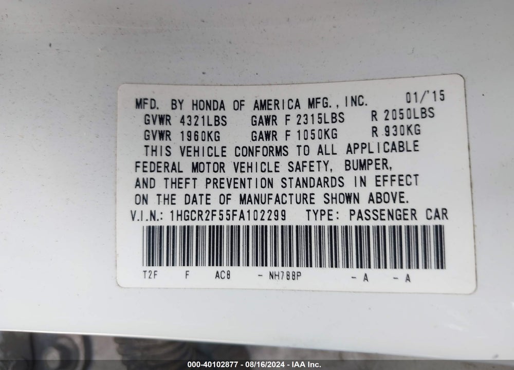 2015 HONDA ACCORD SPORT VIN: 1HGCR2F55FA102299