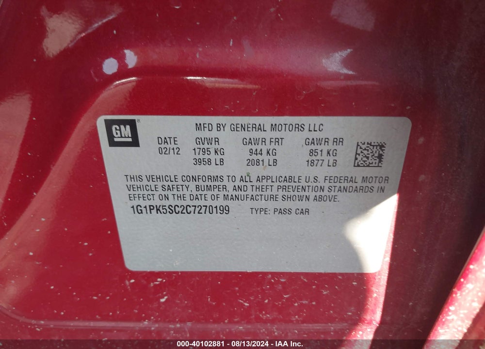 2012 CHEVROLET CRUZE ECO VIN: 1G1PK5SC2C7270199