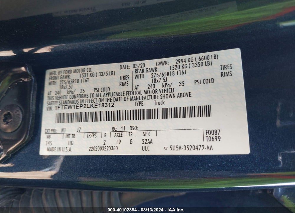 2020 FORD F-150 XLT VIN: 1FTEW1EP2LKE18312