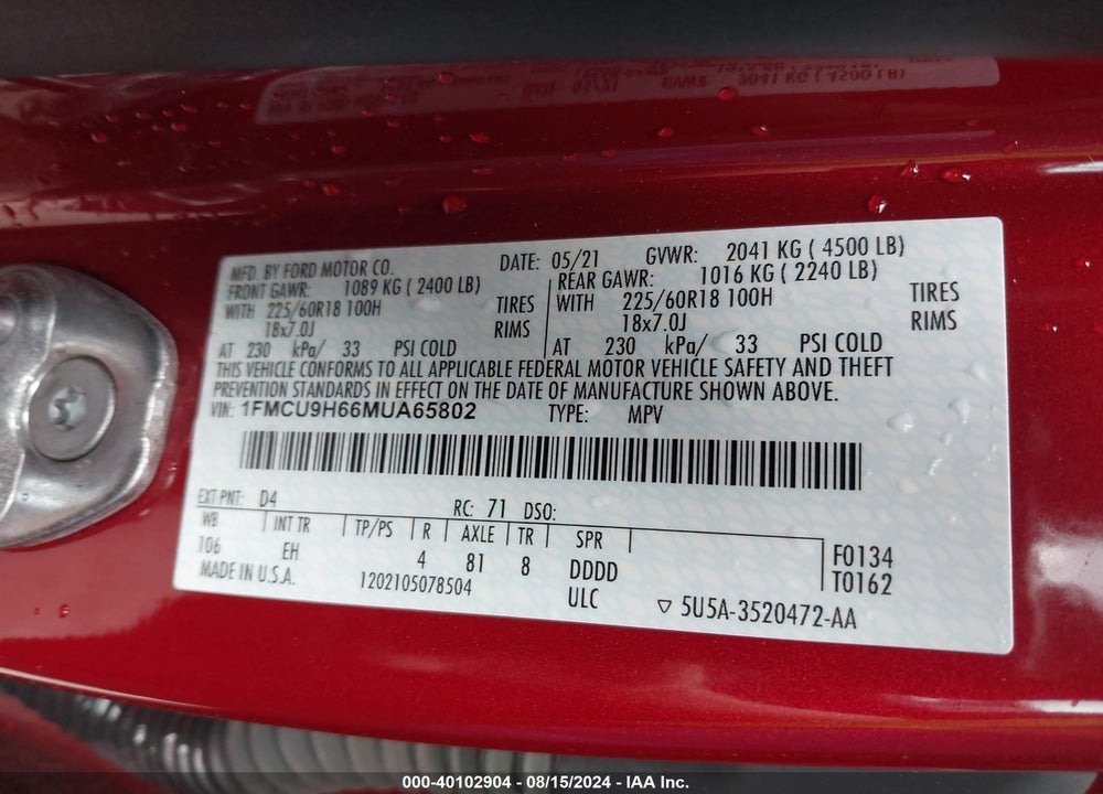2021 FORD ESCAPE SEL VIN: 1FMCU9H66MUA65802