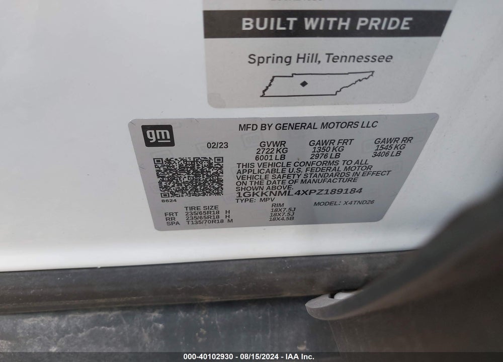 2023 GMC ACADIA FWD SLT VIN: 1GKKNML4XPZ189184