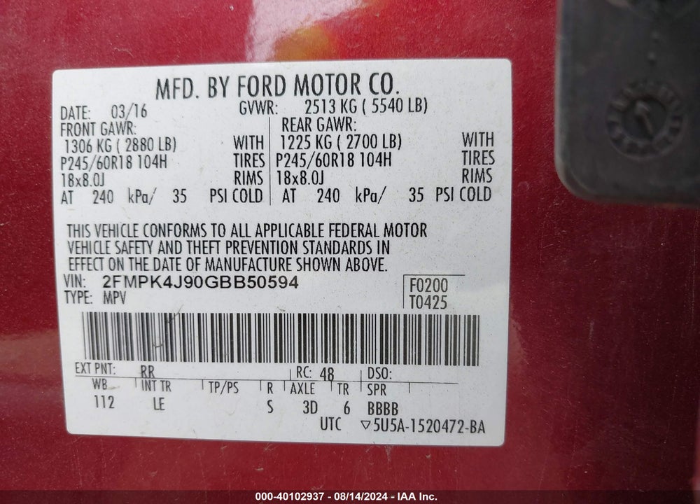2016 FORD EDGE SEL VIN: 2FMPK4J90GBB50594
