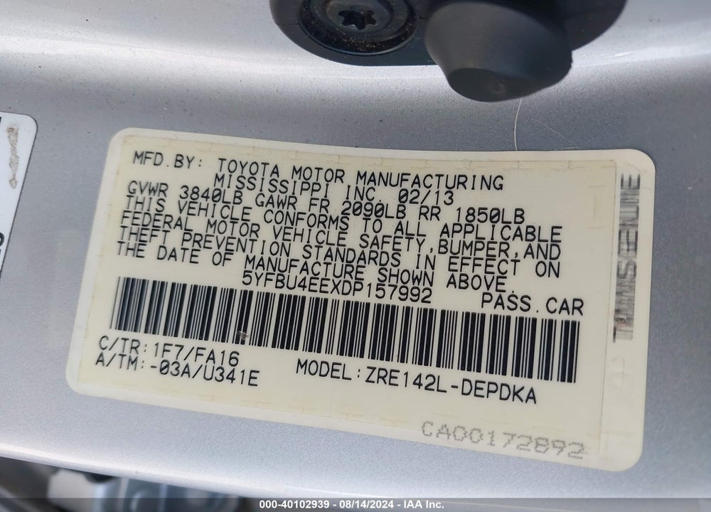 2013 TOYOTA COROLLA L VIN: 5YFBU4EEXDP157992