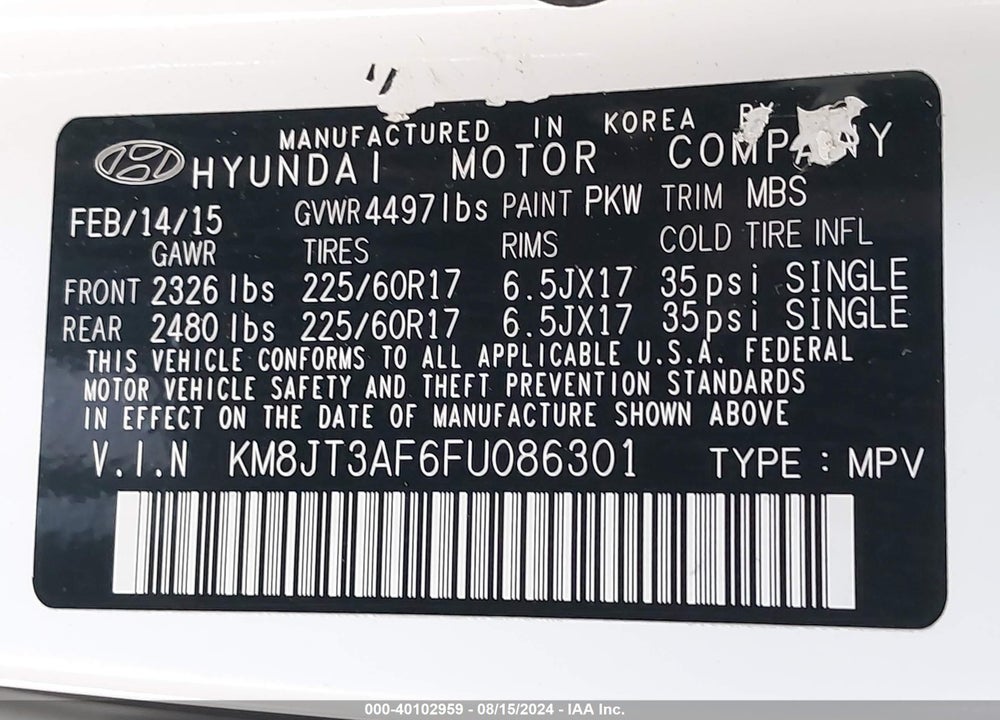 2015 HYUNDAI TUCSON GLS VIN: KM8JT3AF6FU086301