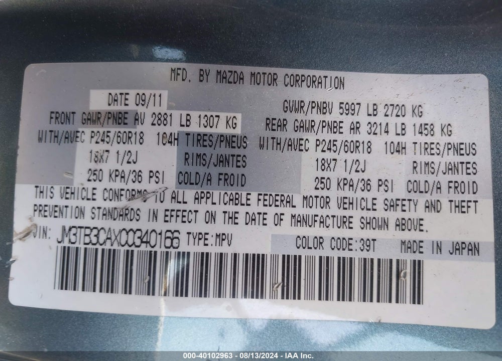 2012 MAZDA CX-9 TOURING VIN: JM3TB3CAXC0340166