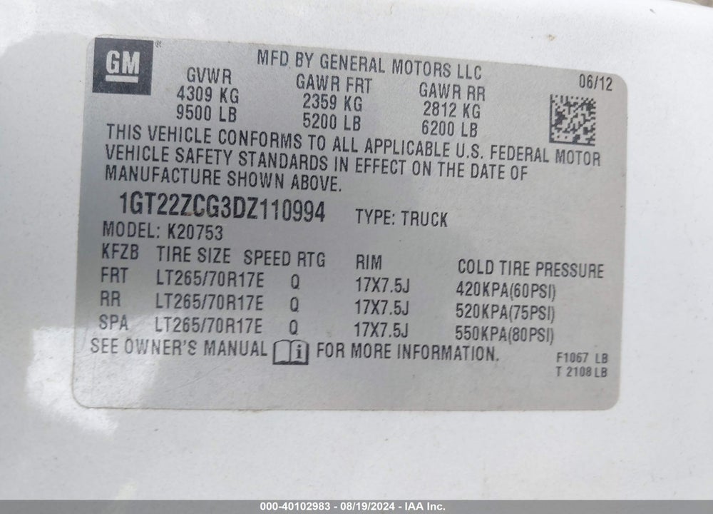 2013 GMC SIERRA 2500HD WORK TRUCK VIN: 1GT22ZCG3DZ110994