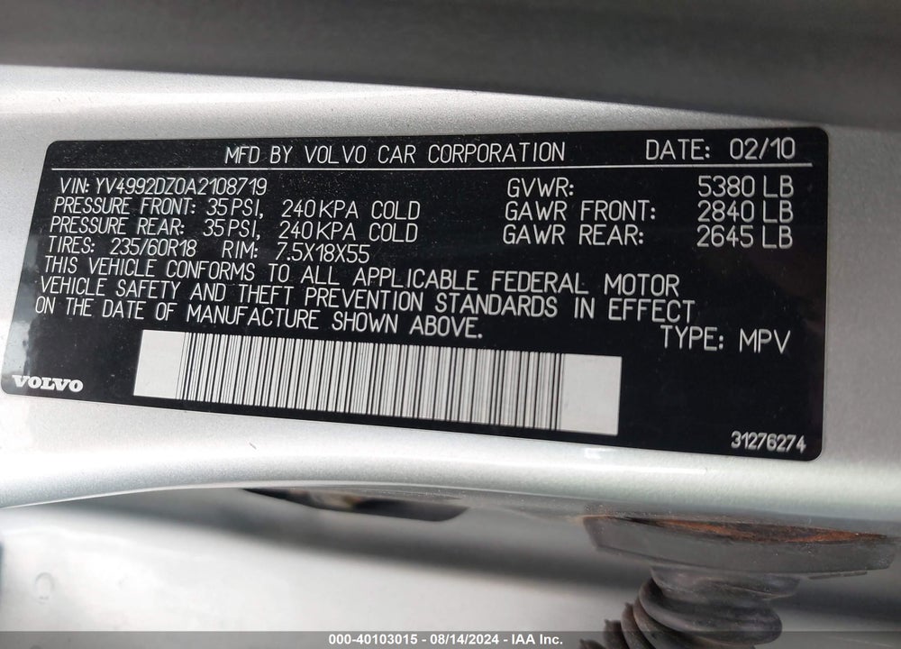 2010 VOLVO XC60 T6/T6 R-DESIGN VIN: YV4992DZ0A2108719