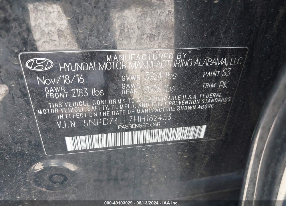 2017 HYUNDAI ELANTRA SE VIN: 5NPD74LF7HH162453