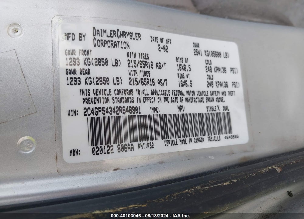 2002 CHRYSLER TOWN & COUNTRY LXI VIN: 2C4GP54342R648901