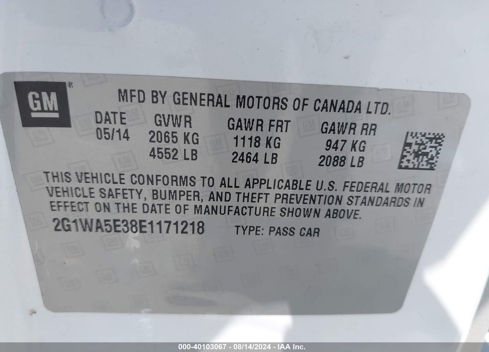 2014 CHEVROLET IMPALA LIMITED LS VIN: 2G1WA5E38E1171218