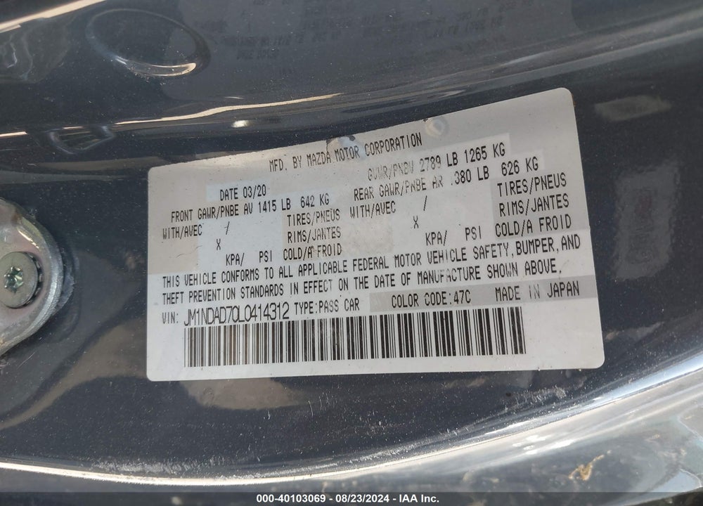 2020 MAZDA MX-5 MIATA GRAND TOURING VIN: JM1NDAD70L0414312
