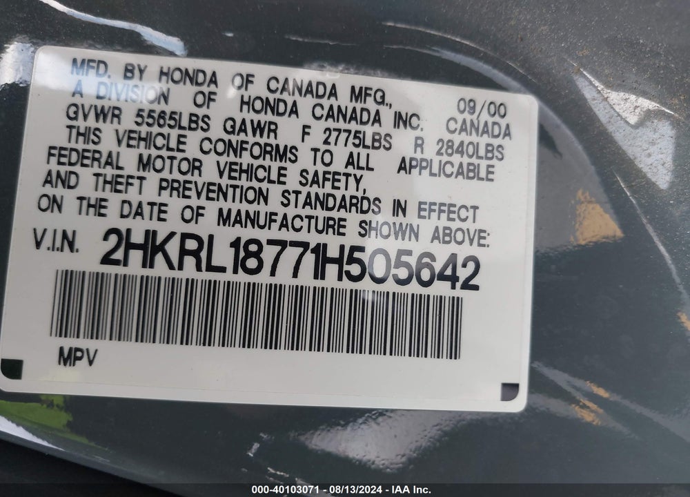 2001 HONDA ODYSSEY EX VIN: 2HKRL18771H505642