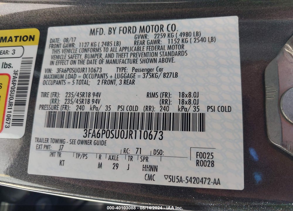 2018 FORD FUSION ENERGI TITANIUM VIN: 3FA6P0SU0JR110673