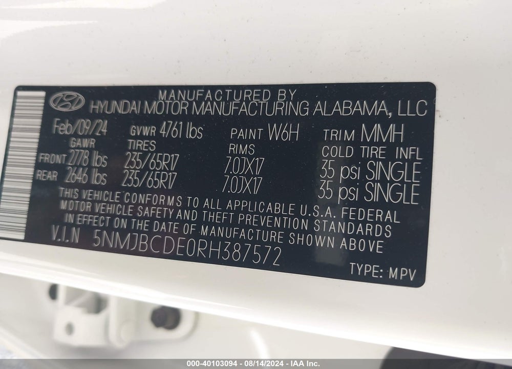 2024 HYUNDAI TUCSON SEL VIN: 5NMJBCDE0RH387572