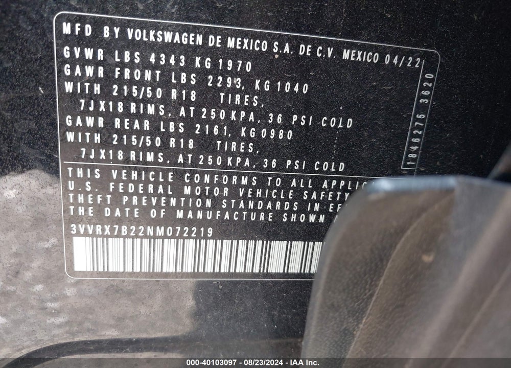 2022 VOLKSWAGEN TAOS 1.5T SE VIN: 3VVRX7B22NM072219