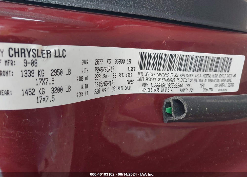 2009 JEEP GRAND CHEROKEE LAREDO VIN: 1J8GR48K19C502344