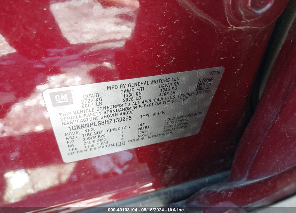 2017 GMC ACADIA DENALI VIN: 1GKKNPLS8HZ139255