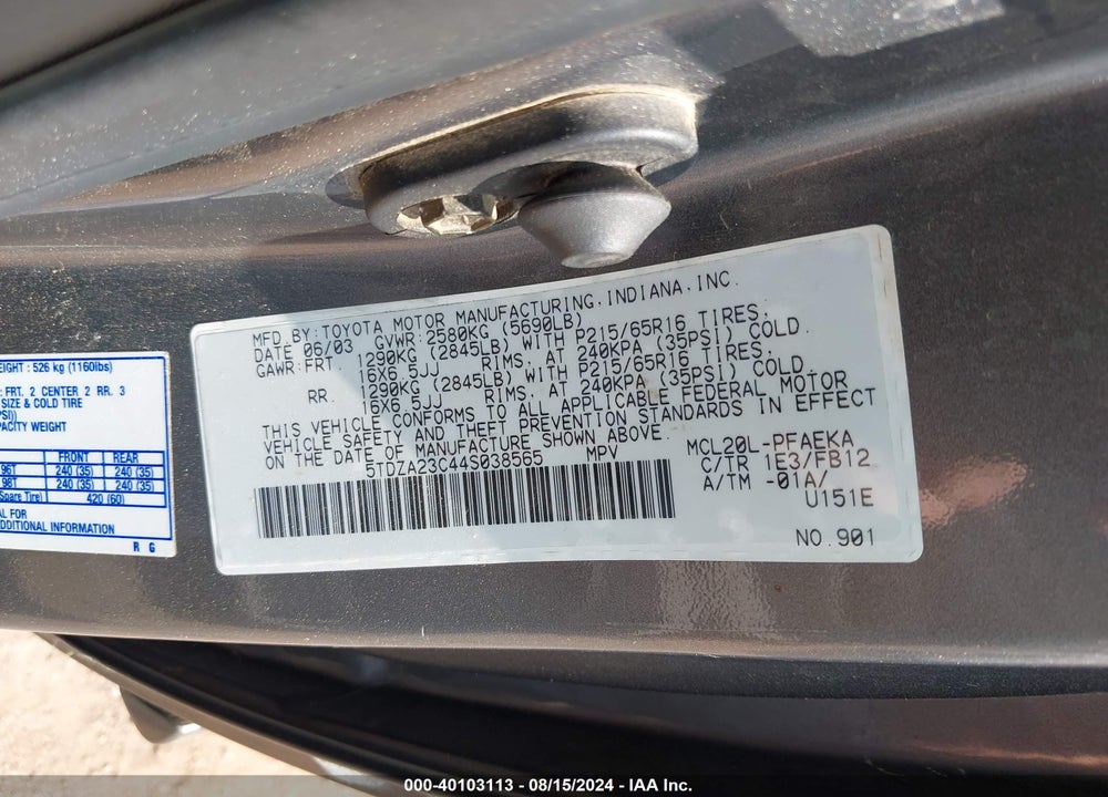 2004 TOYOTA SIENNA LE VIN: 5TDZA23C44S038565