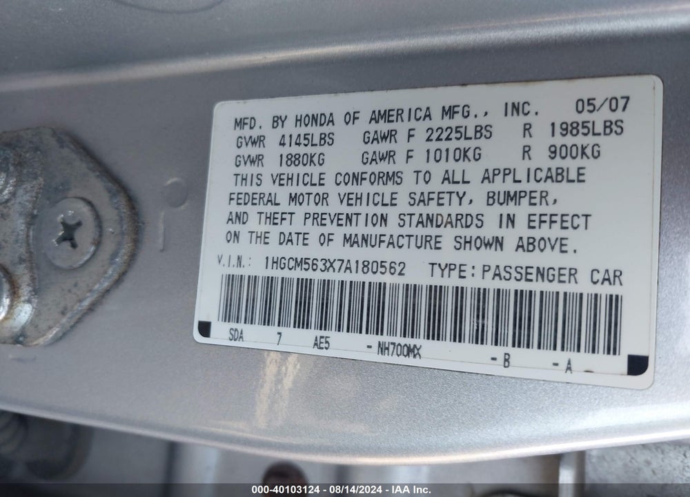 2007 HONDA ACCORD 2.4 SE VIN: 1HGCM563X7A180562