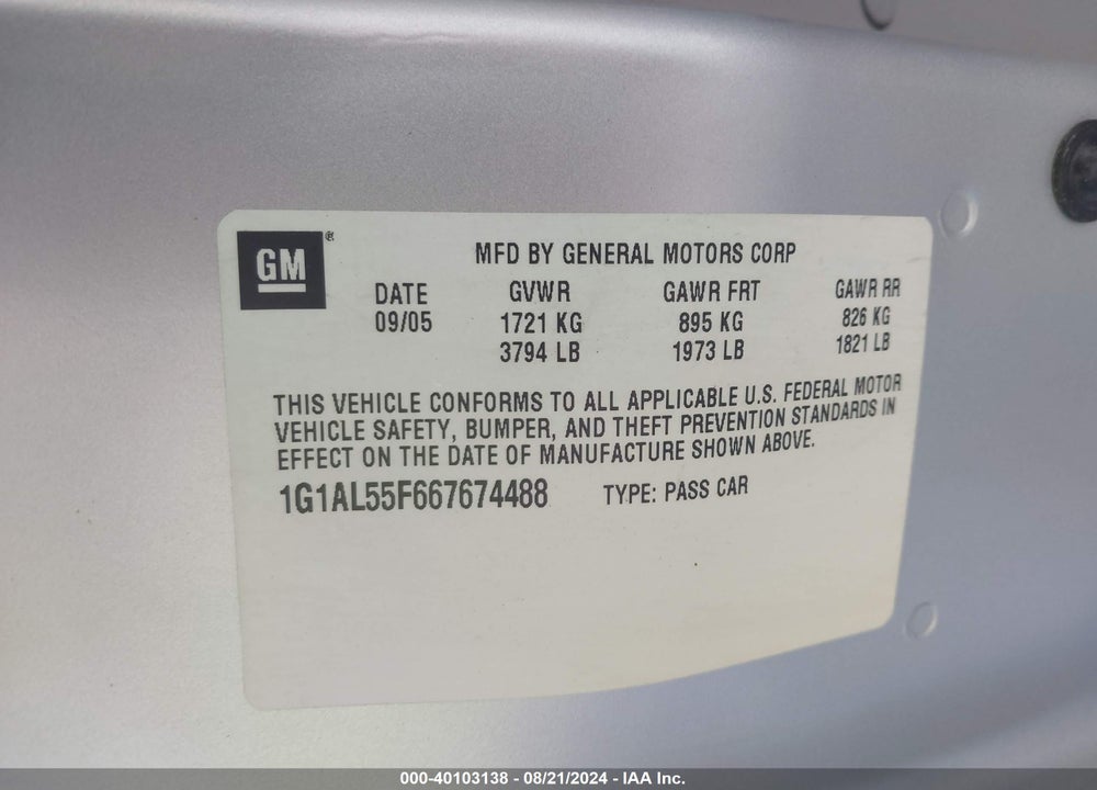 2006 CHEVROLET COBALT VIN: 1G1AL55F667674488