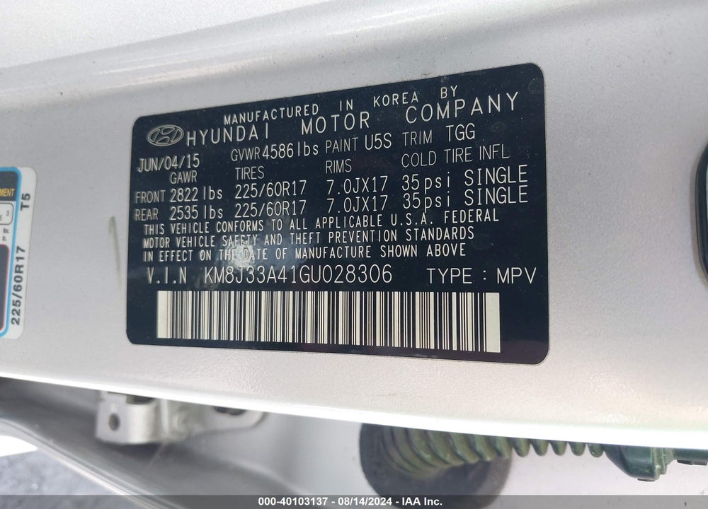 2016 HYUNDAI TUCSON SE VIN: KM8J33A41GU028306