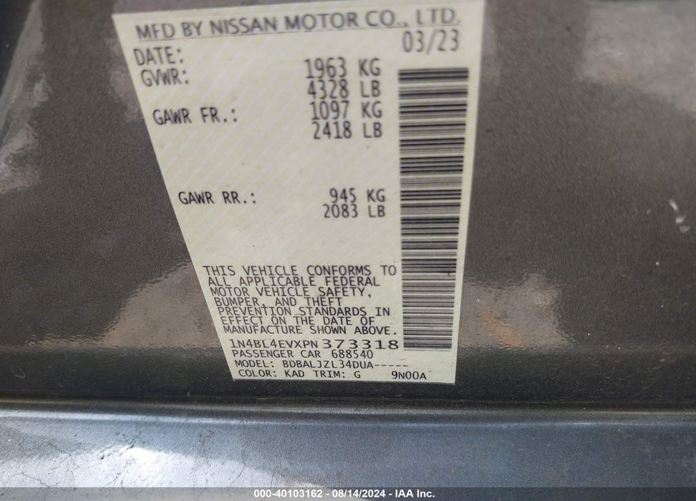 2023 NISSAN ALTIMA SL FWD VIN: 1N4BL4EVXPN373318