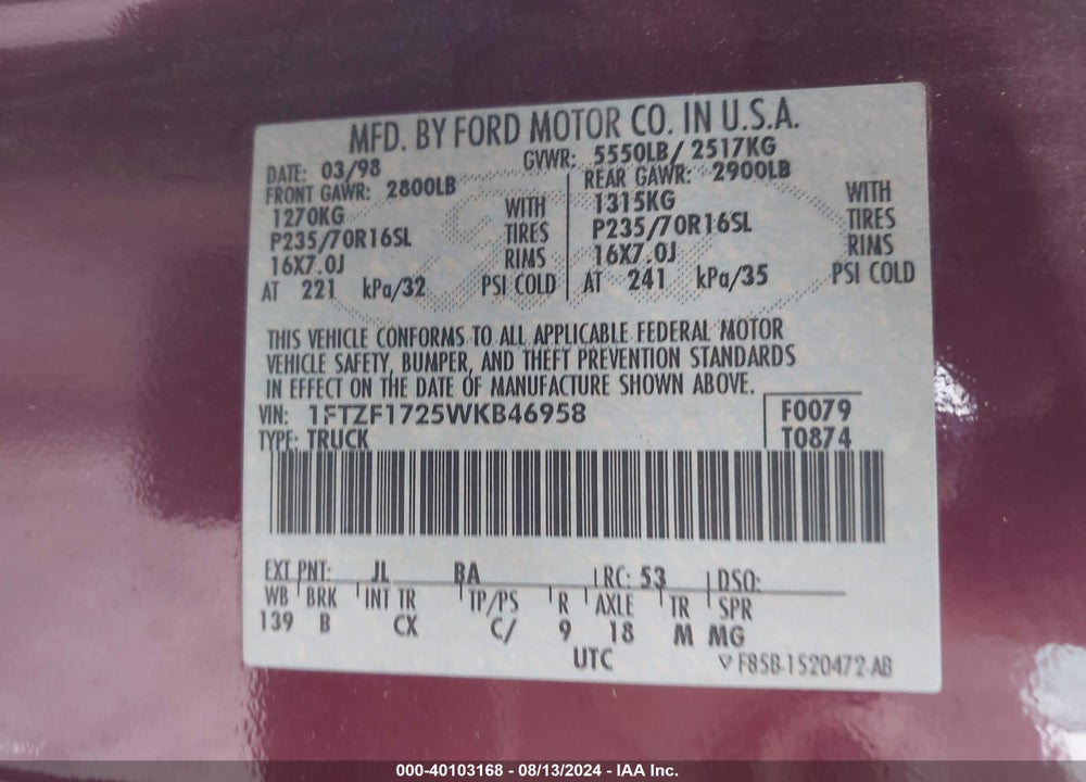 1998 FORD F-150 STANDARD/XL/XLT VIN: 1FTZF1725WKB46958