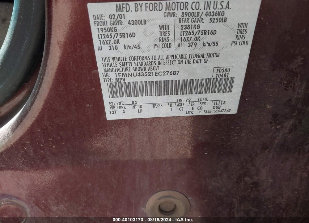 2001 FORD EXCURSION LIMITED VIN: 1FMNU43S21EC27687