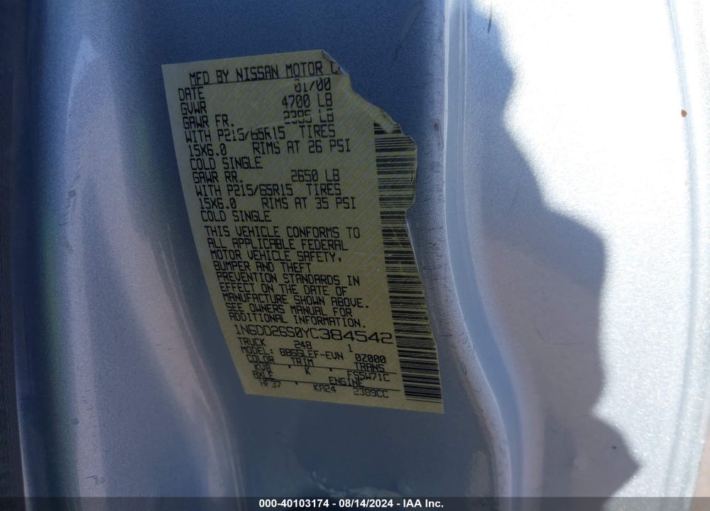 2000 NISSAN FRONTIER XE VIN: 1N6DD26S0YC384542