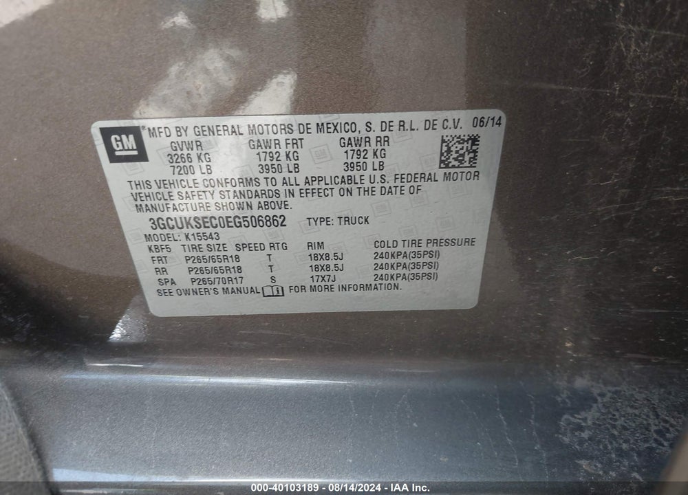 2014 CHEVROLET SILVERADO 1500 1LZ VIN: 3GCUKSEC0EG506862