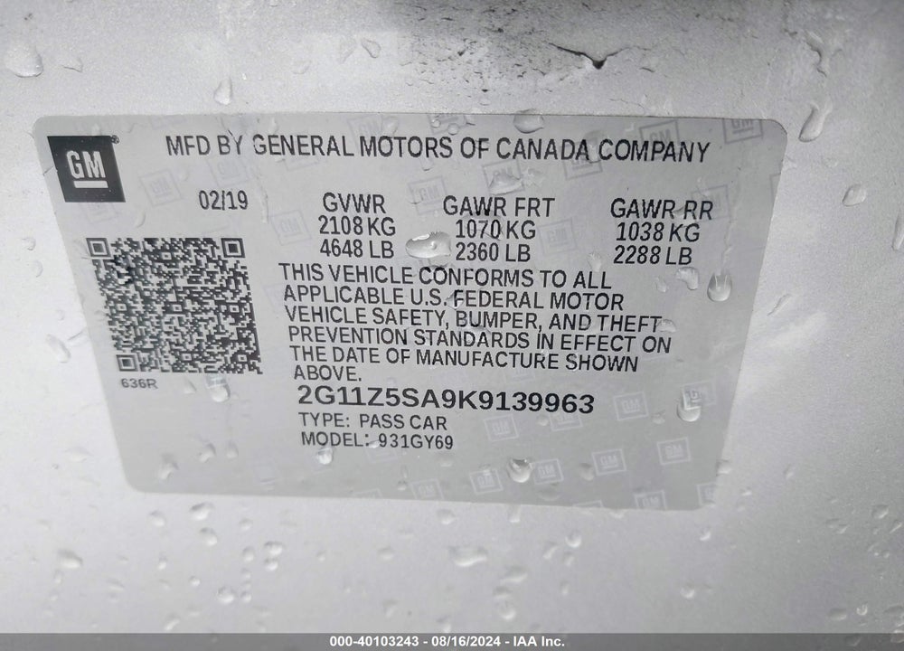 2019 CHEVROLET IMPALA LT VIN: 2G11Z5SA9K9139963