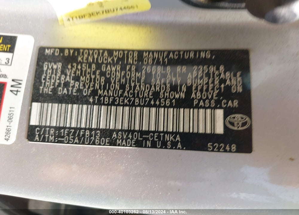 2011 TOYOTA CAMRY LE VIN: 4T1BF3EK7BU744561