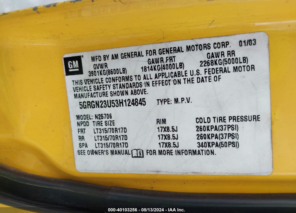 2003 HUMMER H2 VIN: 5GRGN23U53H124845